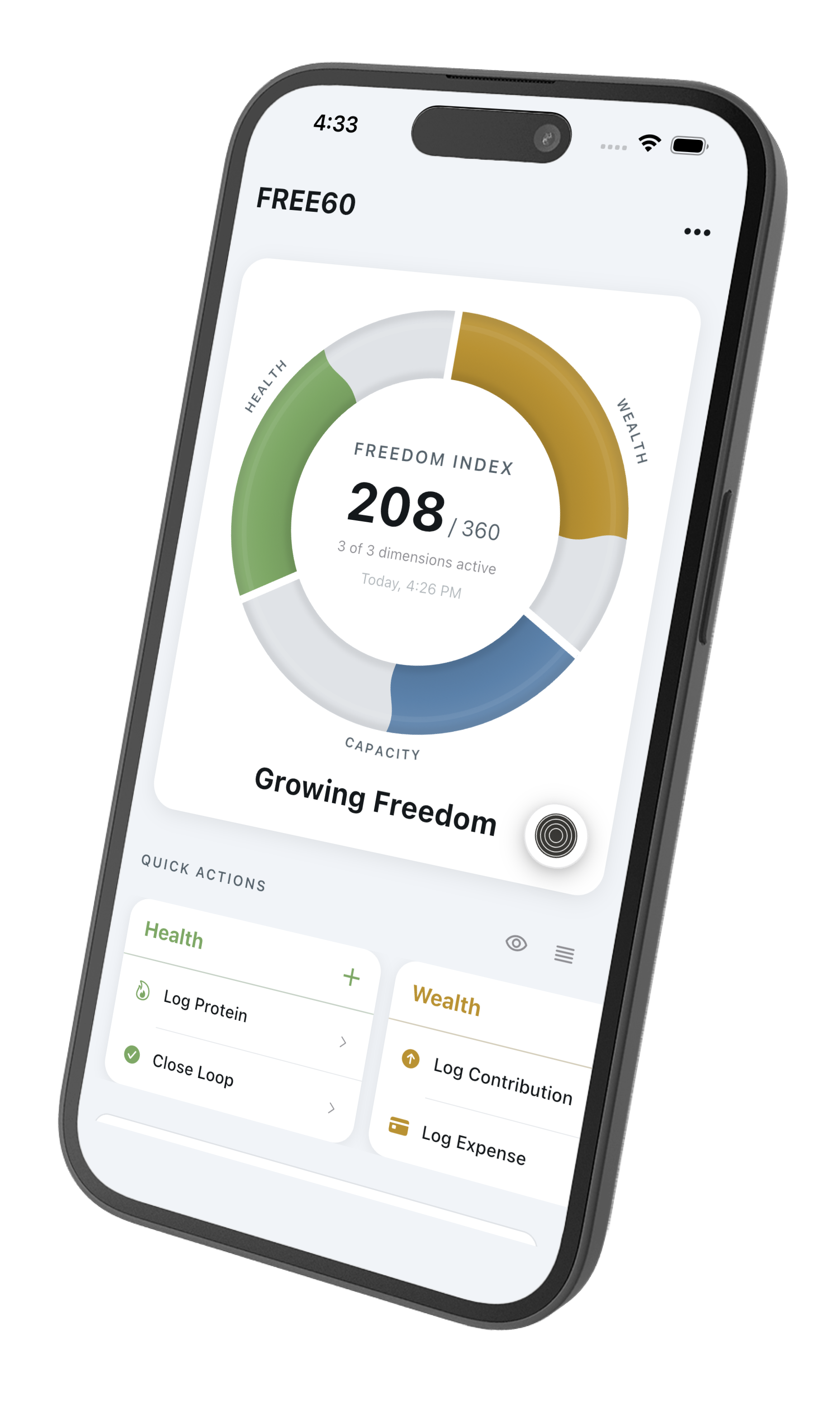 FREE60 home screen: Freedom Index ring